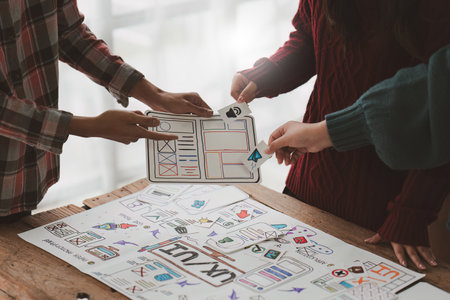 Close up ux developer and ui designer brainstorming interface wireframe design.Creative digital...
