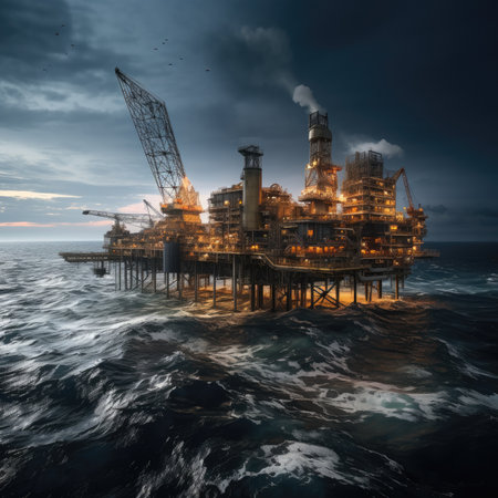 Offshore oil rig at sunset time. oil construction concept. Generative AIの素材