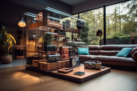 Interior design. Futuristic Living room with sofa and big showcase. Generative AIの素材