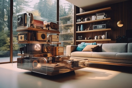 Interior design. Futuristic Living room with sofa and big showcase. Generative AIの素材
