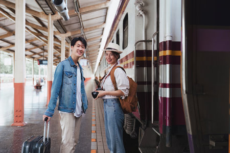 Asian couple at railway station have happy moment. Tourism and travel in the summerの写真素材