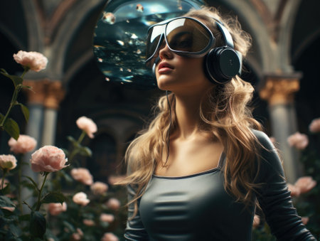 A woman wearing VR headset user, surreal world and virtual reality, the background is ancient architecture and flowers. Generative AIの素材