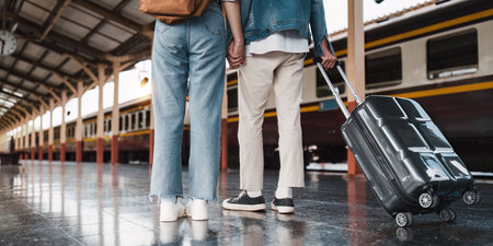Asian couple at railway station have happy moment. Tourism and travel in the summerの写真素材