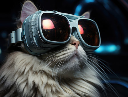 White cat wearing VR headset, surreal worlds and colorful, black in the background. Generative AIの素材