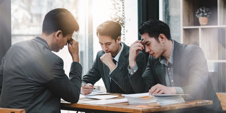 Stressed business person working and research strategy on laptop and looking worried, tired, finance, teamwork, Big data Graphs Charts conceptの写真素材