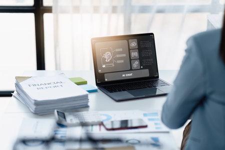Chatbot Chat with AI, Artificial Intelligence. Business woman using technology smart robot AI. Futuristic technology transformation, finance, teamwork, Big data Graphs Charts conceptの写真素材
