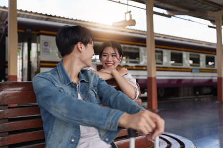Asian couple at railway station have happy moment. Tourism and travel in the summer