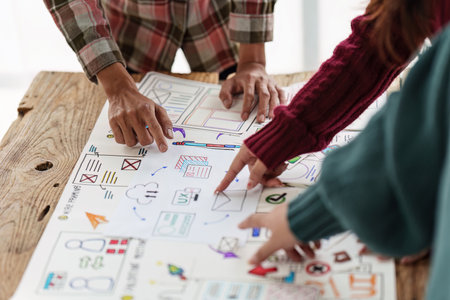 Close up ux developer and ui designer brainstorming interface wireframe design.Creative digital development agencyの写真素材