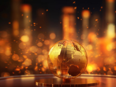 A gold globe, earth finance concept economy global business, skyscrapers in the style of bokeh in the background. Generative AIの素材