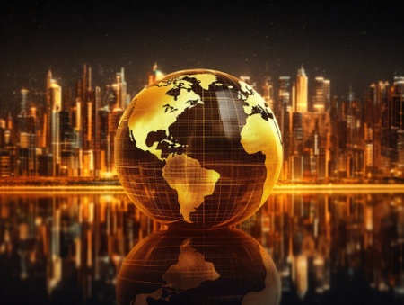 A gold globe, earth finance concept economy global business, skyscrapers in the style of bokeh in the background. Generative AIの素材