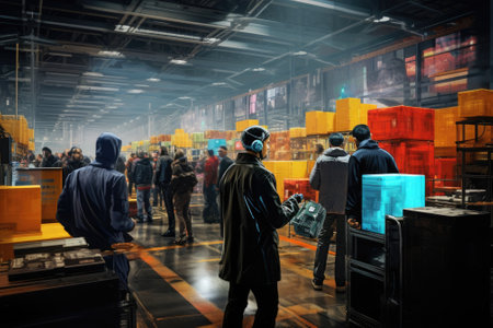 Futuristic Technology Retail Warehouse. Worker Doing Inventory Walks and Delivery parcel in Logistics, Distribution Center. generative aiの素材