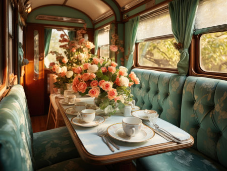 The interior of the train with a table, seats in light green, a flower vase on the table, and romantic scenery. Generative AIの素材