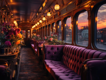 Velvet sofa inside a train car in the style of luxury, with flower vase, light from lamps to illuminate in the evening atmosphere. Generative AIの素材