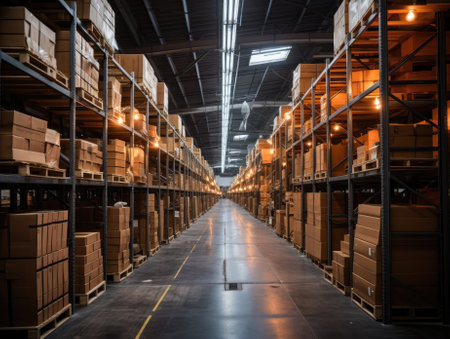 A large warehouse with multiple stacks of boxes, parcels, and merchandise, long corridor along the way. Generative AIの素材