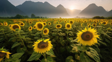 A landscape of sunflowers blooming in a sunflower field illuminated by sunlight, bright sky and mountains in the background. Generative AIの素材
