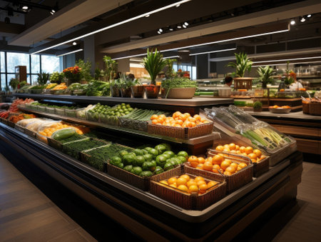 The interior of a supermarket filled with fruit and vegetable on the shelf, decorated with plants and light from bulbs. Generative AIの素材