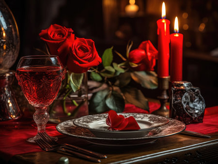 Romantic dinner setting with flowers and silverware, candle and red rose on table. Generative AIの素材
