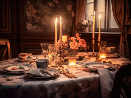 Pink floral table setting for a romantic dinner table with table cloth, candles and silverware. Generative AIの素材
