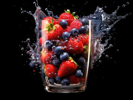 Juice splash and sliced fruit falling into a glass. Generative AIの素材