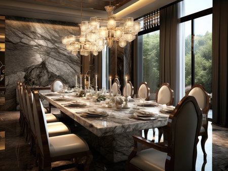 Modern luxury dining room with marble table. Generative AIの素材