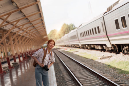 Asian Tourist person backpacker to travel at train station. Tourism and travel in the summerの写真素材