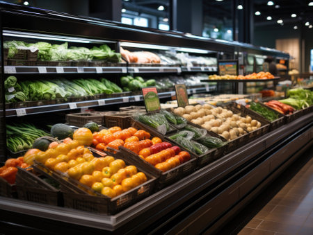 A large supermarket has a wide aisle full of fruit and vegetables, bright lighting from bulbs. Generative AIの素材