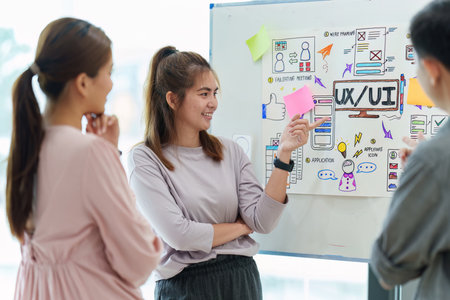 Young developer and ui designer brainstorming interface wireframe design.Creative digital development agencyの写真素材