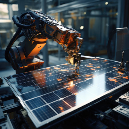 Automated Manufacturing Facility. Solar Panels are being Assembled on Conveyor. Generative AIの素材
