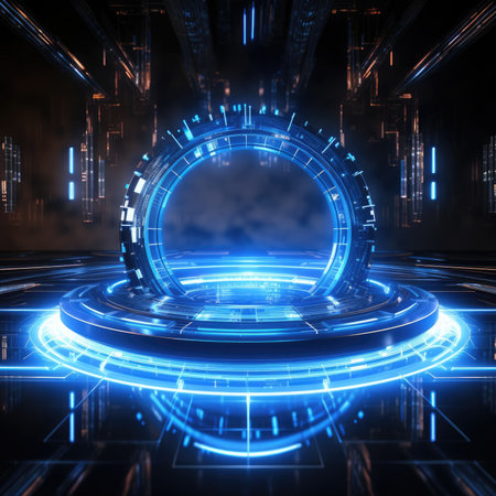 Abstract technology hud interface hologram elements neon lights, circle percent vitality innovation on hi tech future design. Generative AIの素材