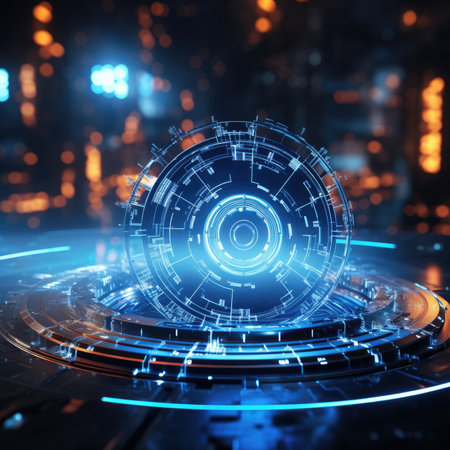 Abstract technology hud interface hologram elements neon lights, circle percent vitality innovation on hi tech future design. Generative AIの素材