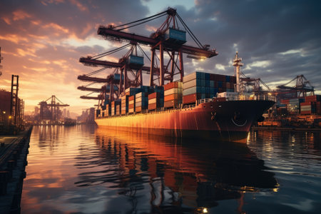 Business logistics and transportation concept of a container cargo ship and cargo with a working crane bridge in a shipyard and a sunset in the background. Generative AIの素材