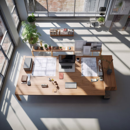 Top view Architect desk with office tools, computer laptop, plant pot and on wood table background. Generative AIの素材