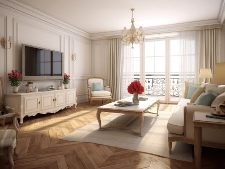 Living room french country style with a tv, a flower vase on the table, and wood parquet flooring, sunlight shines through the window. Generative AIの素材