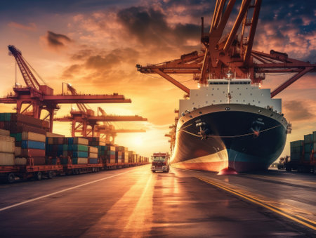 Business logistics and transportation concept of a container cargo ship and cargo with a working crane bridge in a shipyard and a sunset in the background. Generative AIの素材