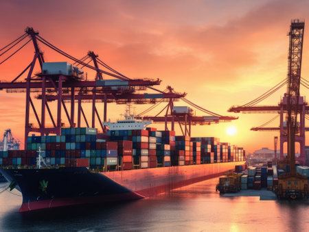 Business logistics and transportation concept of a container cargo ship and cargo with a working crane bridge in a shipyard and a sunset in the background. Generative AIの素材