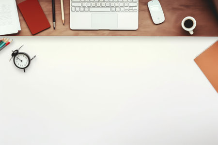Top view Office desk with office tools, computer laptop on wood table background with copy space. Generative AIの素材