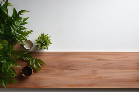 Top view Office desk with office tools, computer laptop on wood table background with copy space. Generative AIの素材