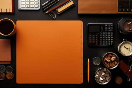 Top view Office desk with office tools, computer laptop on wood table background with copy space. Generative AIの素材