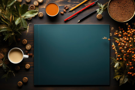 Top view Office desk with office tools, computer laptop on wood table background with copy space. Generative AIの素材