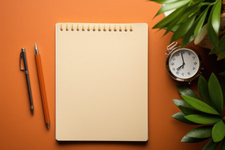 Top view Office desk with office tools, computer laptop on wood table background with copy space. Generative AIの素材