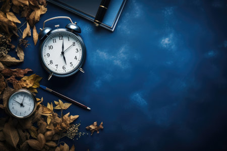 Top view Office desk with office tools, computer laptop on wood table background with copy space. Generative AIの素材