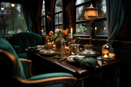 A dining table, dining set and velvet seats in train in the style of luxury, light from a lamp. Generative AIの素材