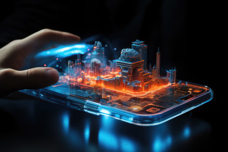 close up of smartphone over space, hologram technology. Generative AIの素材