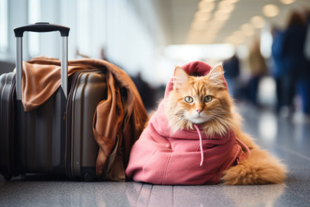 Holiday vacation cat waiting in airport terminal ready to board the aeroplane. Generative AIの素材