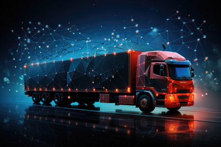 Business logistics and transportation concept of a container cargo truck and cargo with a working crane bridge in a shipyard and a sunset in the background. Generative AIの素材