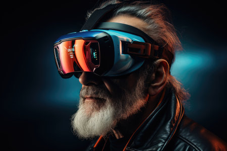 A old man wearing VR headset user, surreal world and virtual reality, colorful flowers fields. Generative AIの素材