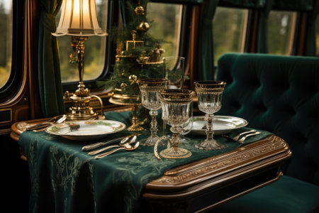 A dining table, dining set and velvet seats in train in the style of luxury, light from a lamp. Generative AIの素材
