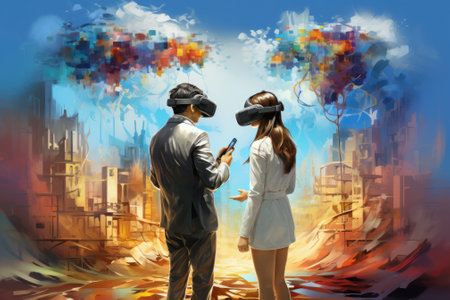 A Man and woman wearing VR headset user, surreal world and virtual reality, colorful flowers fields. Generative AIの素材