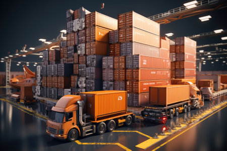 A large warehouse with rows of multiple stacks of boxes and merchandise, logistic and warehouse concept. Generative AIの素材