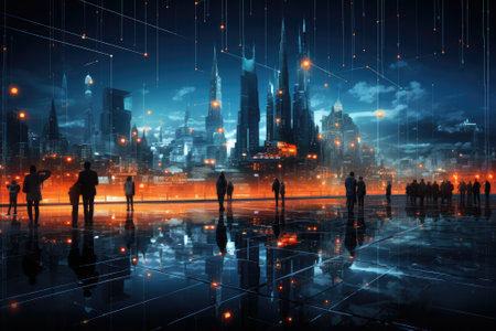 Man standing at future city. futuristic city background concept. generative aiの素材
